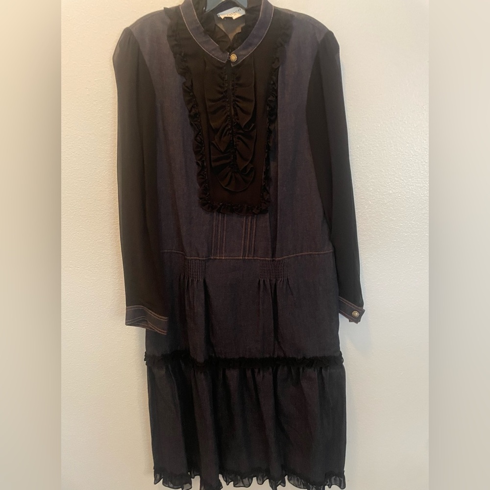 Chic Black and Blue Long Sleeve Denim A line Western Dress - Picture 3 of 8